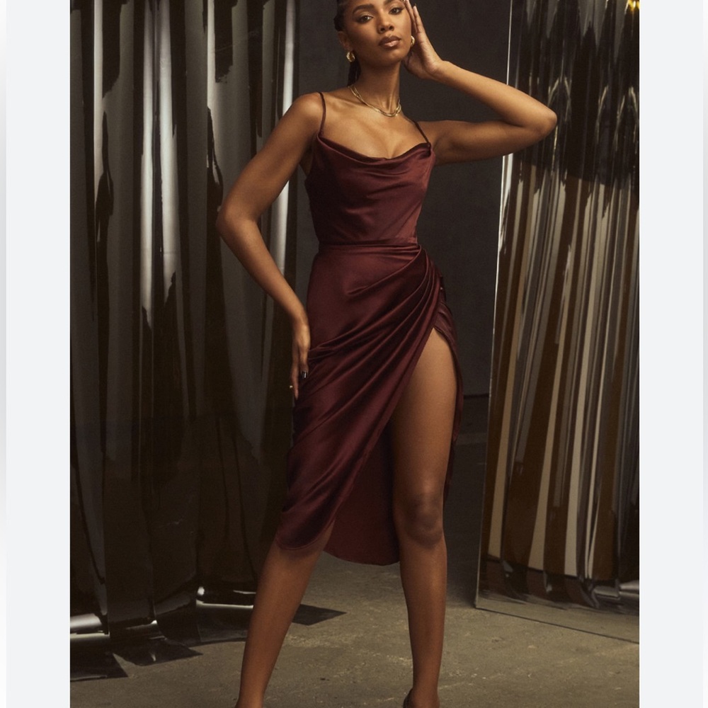 House of CB Burgundy Satin Reva Dress